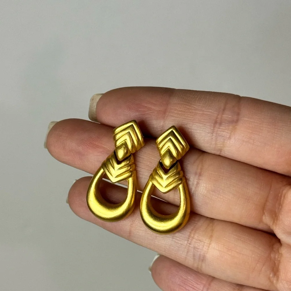 Vintage GIVENCHY Matte Gold Tone Door Knocker Style Pierced Earrings